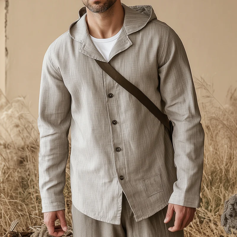 Aaron | Men'S Casual Solid Color Breathable Linen Lapel Hooded Loose Long Sleeve Shirt - Image 2