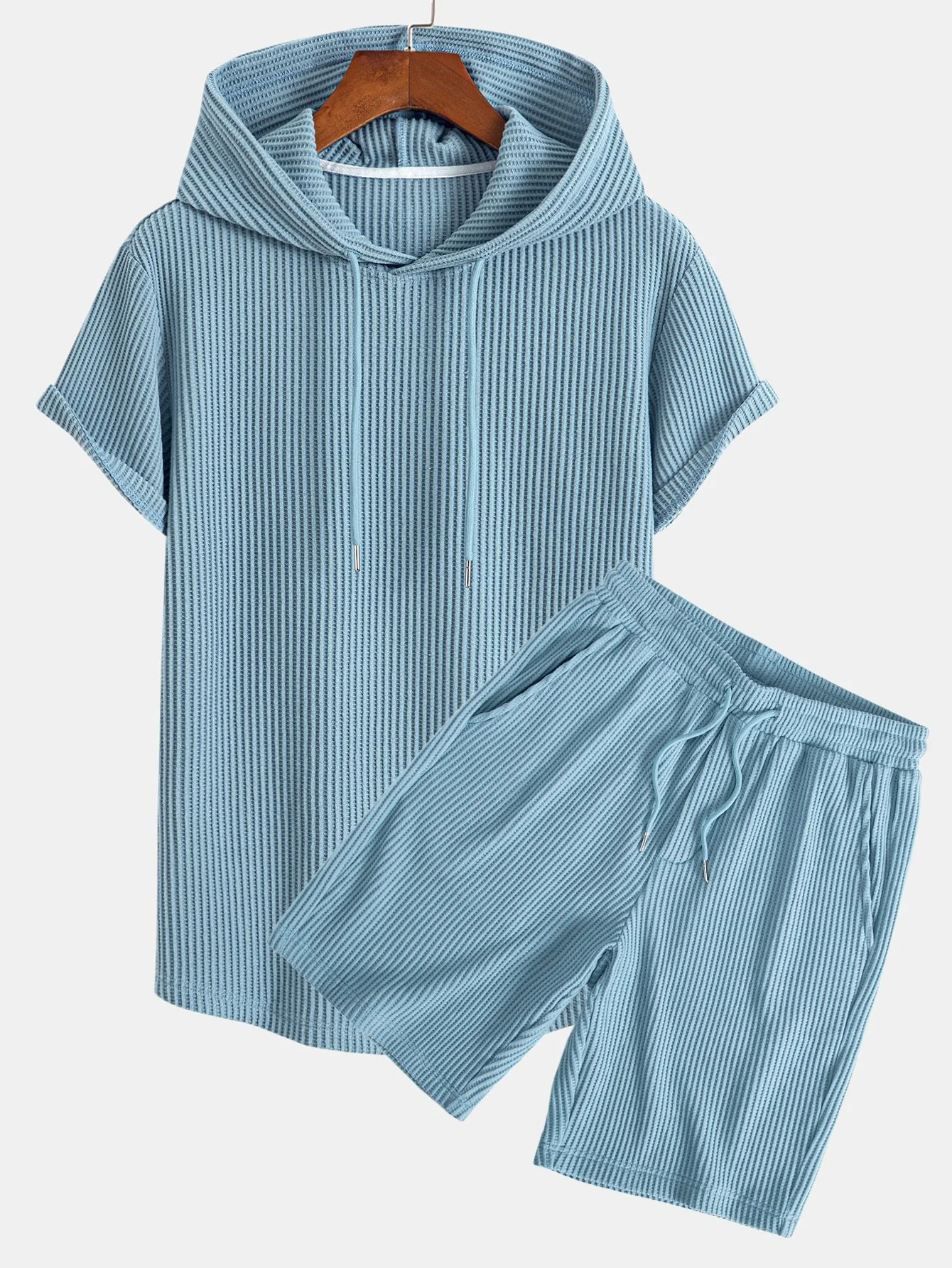 Adalton® | Knitted Waffle Arc Hem Hooded T-Shirt & Drawstring Waffle Shorts - Image 3