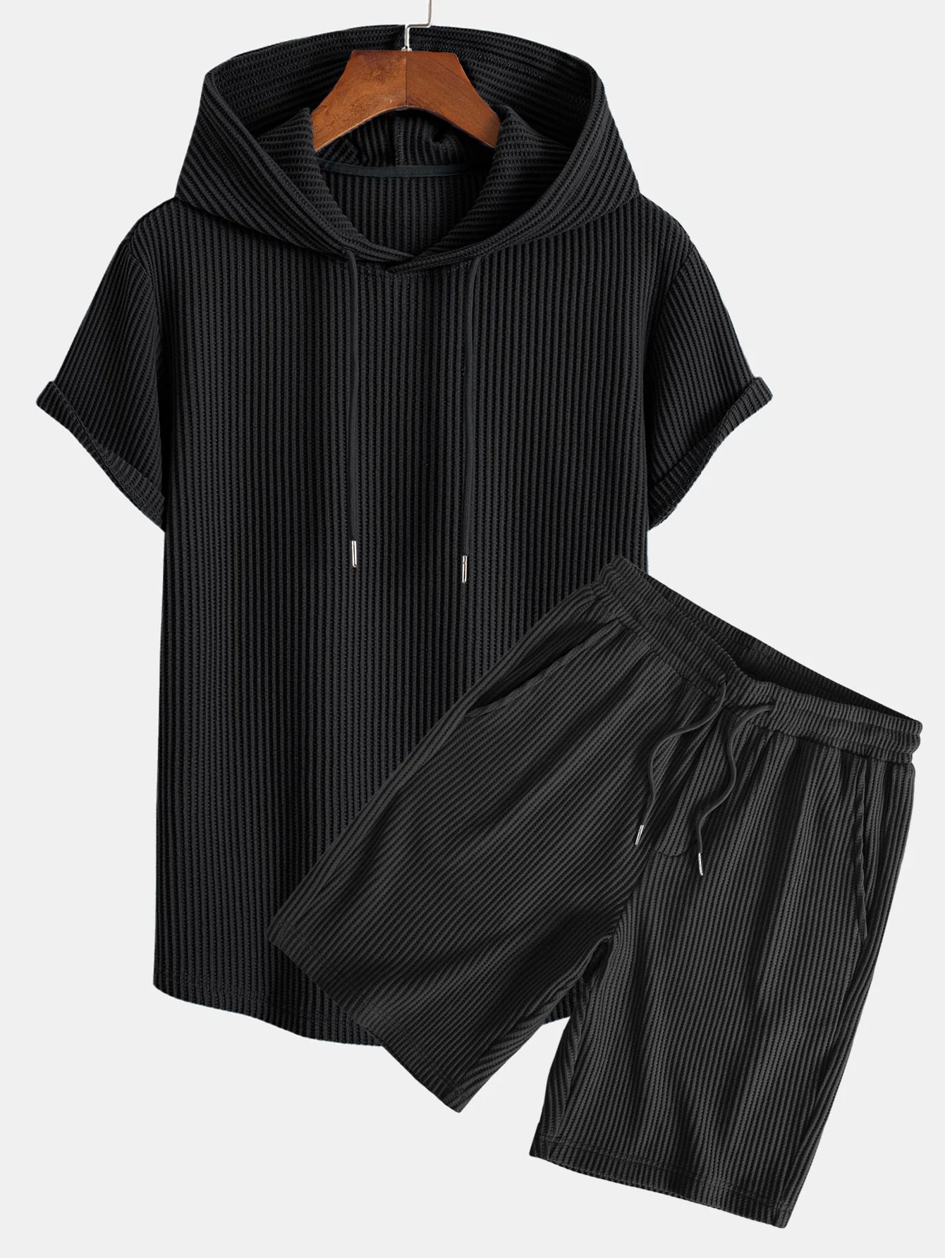 Adalton® | Knitted Waffle Arc Hem Hooded T-Shirt & Drawstring Waffle Shorts - Image 5