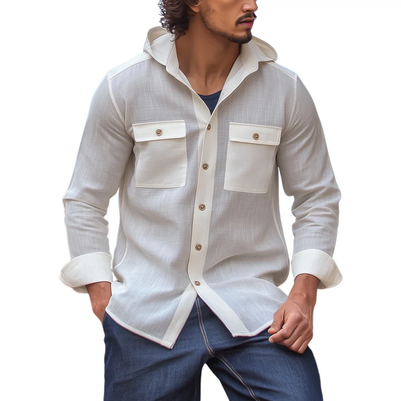 Adam | Men'S Casual Solid Color Breathable Linen Chest Pocket Hooded Loose Long Sleeve Shirt
