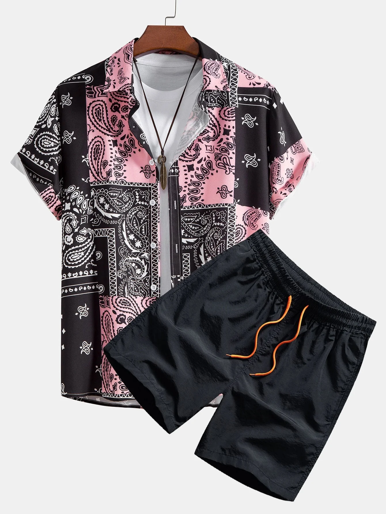 Adamo® | Paisley Print Button Up Shirt Random Pattern Design & Swim Shorts - Image 2