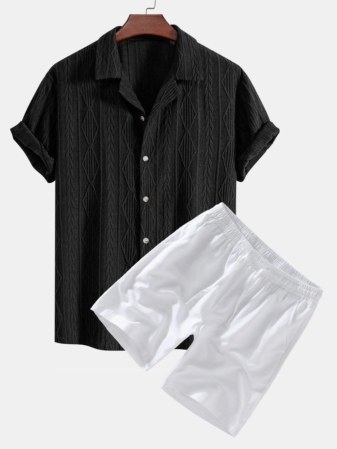 Adelin® | Geometric Jacquard Cuban Shirt & Linen Drawstring Shorts - Image 4