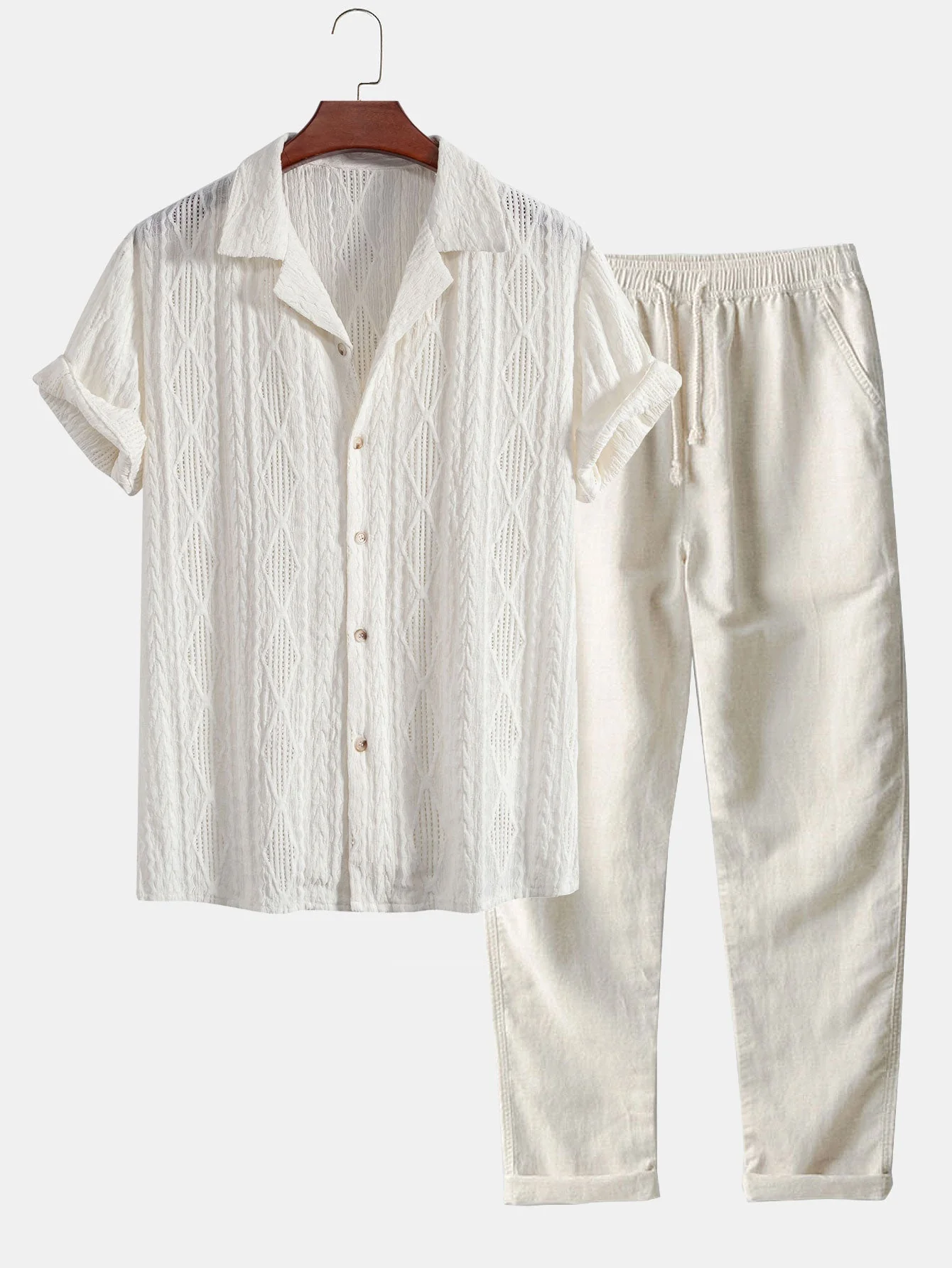 Ademar® | Geometric Jacquard Cuban Shirt & Straight Leg Linen Pants - Image 2