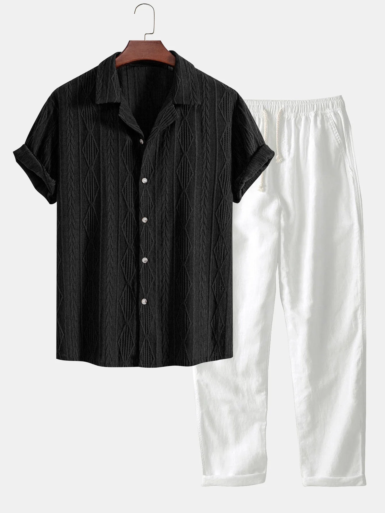 Ademar® | Geometric Jacquard Cuban Shirt & Straight Leg Linen Pants - Image 5