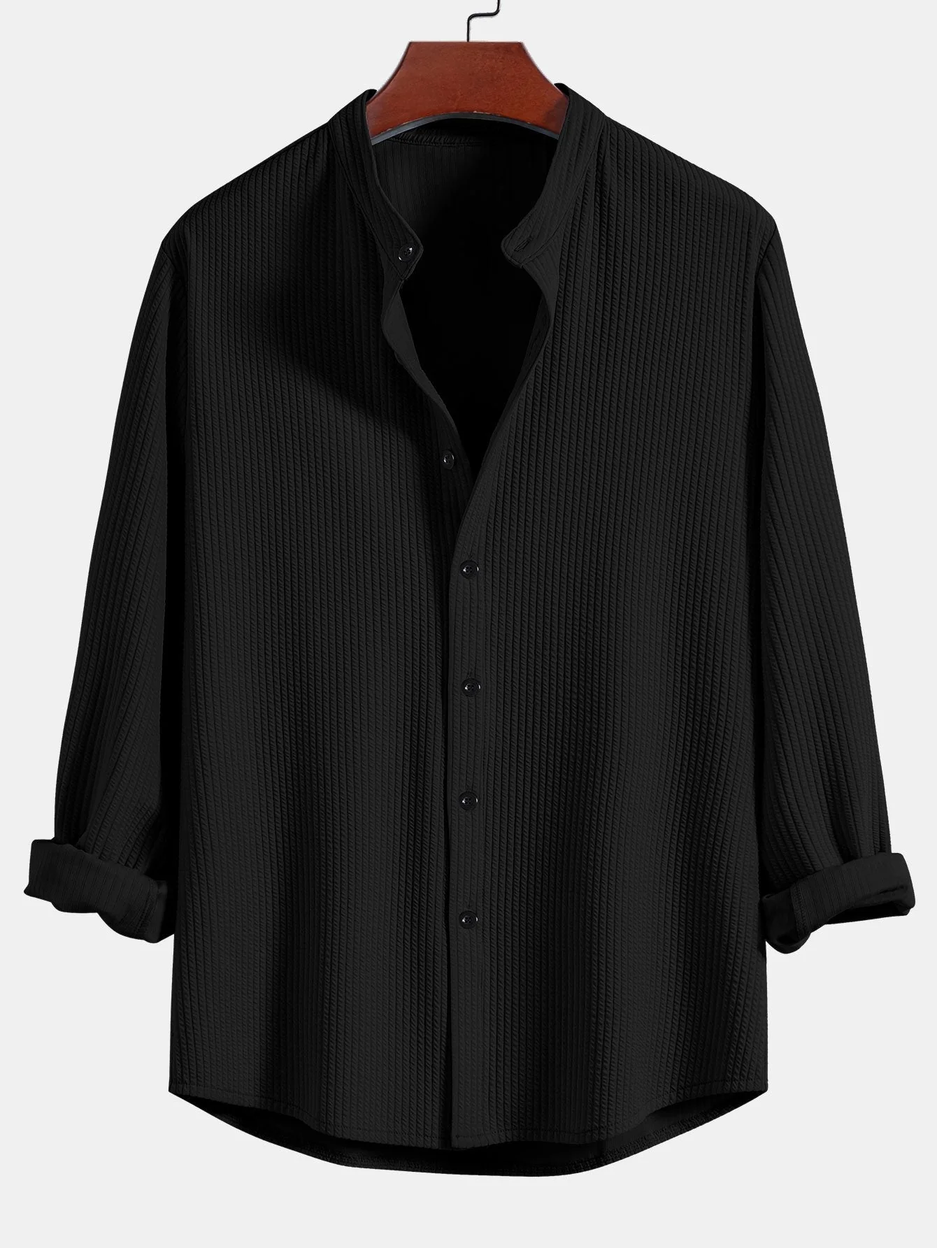 Adlar® | Long Sleeve Muscle Fit Ribbed Stand Collar Shirt & Straight Leg Linen Pants - Image 12