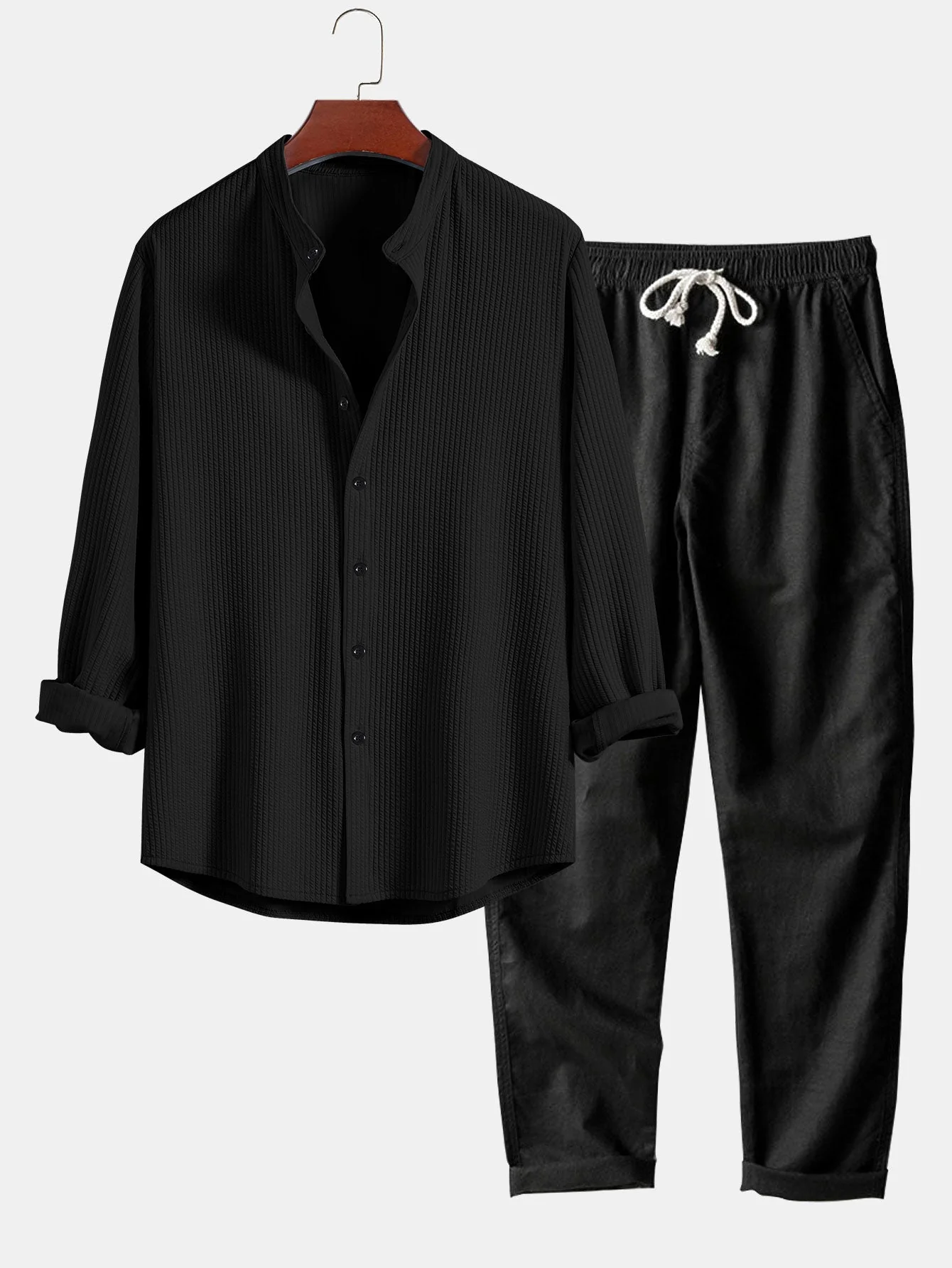 Adlar® | Long Sleeve Muscle Fit Ribbed Stand Collar Shirt & Straight Leg Linen Pants - Image 2