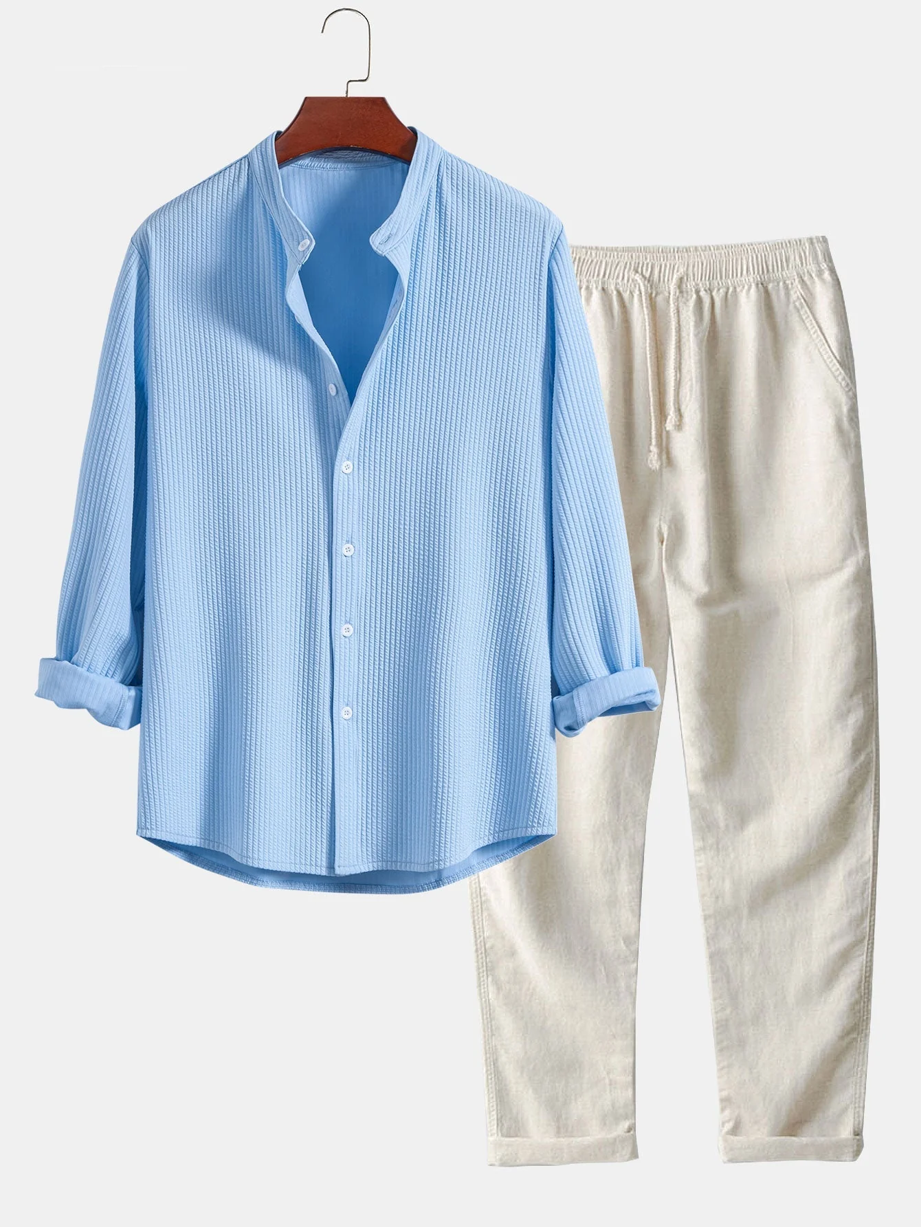 Adlar® | Long Sleeve Muscle Fit Ribbed Stand Collar Shirt & Straight Leg Linen Pants - Image 3