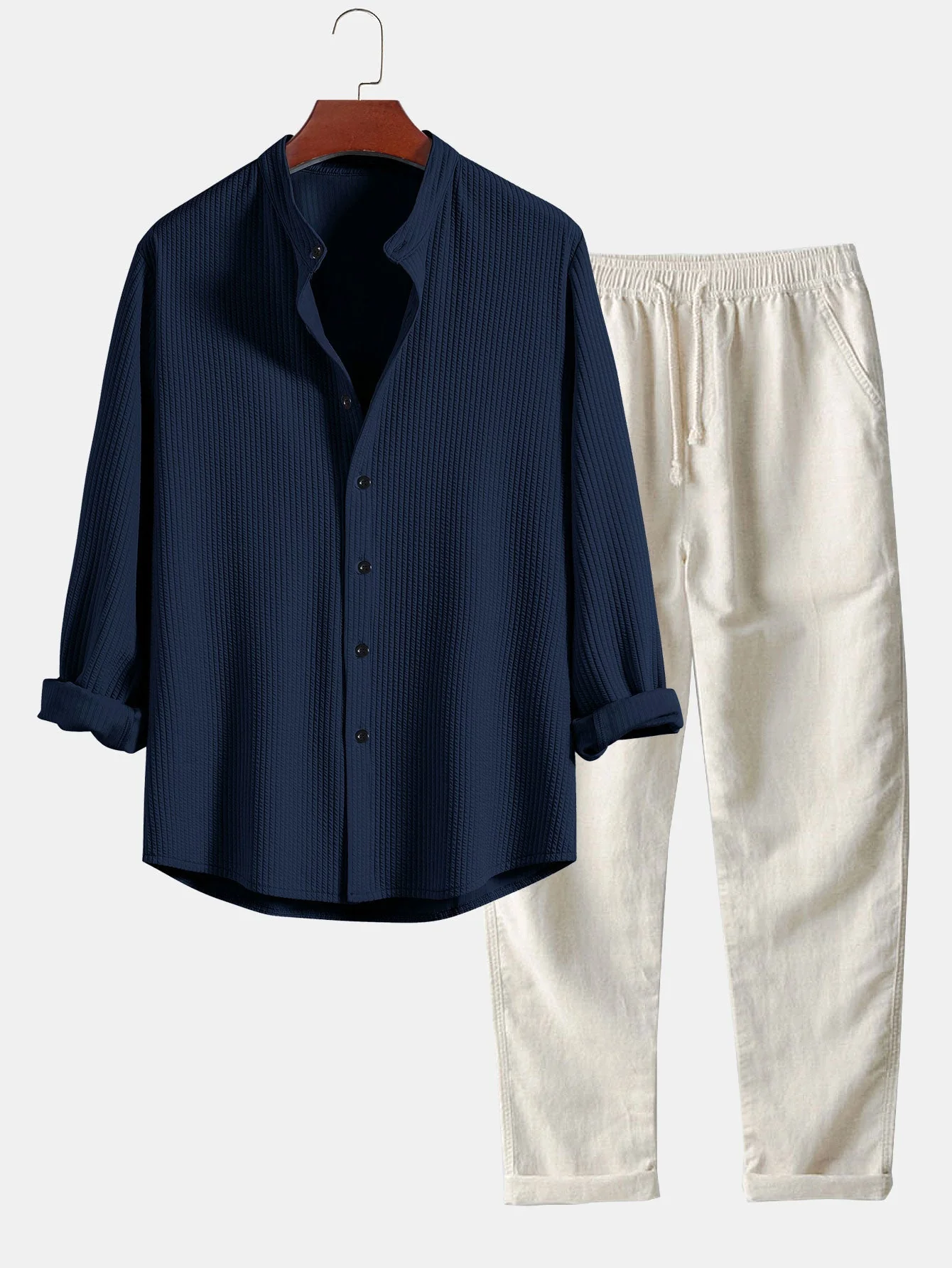 Adlar® | Long Sleeve Muscle Fit Ribbed Stand Collar Shirt & Straight Leg Linen Pants - Image 8
