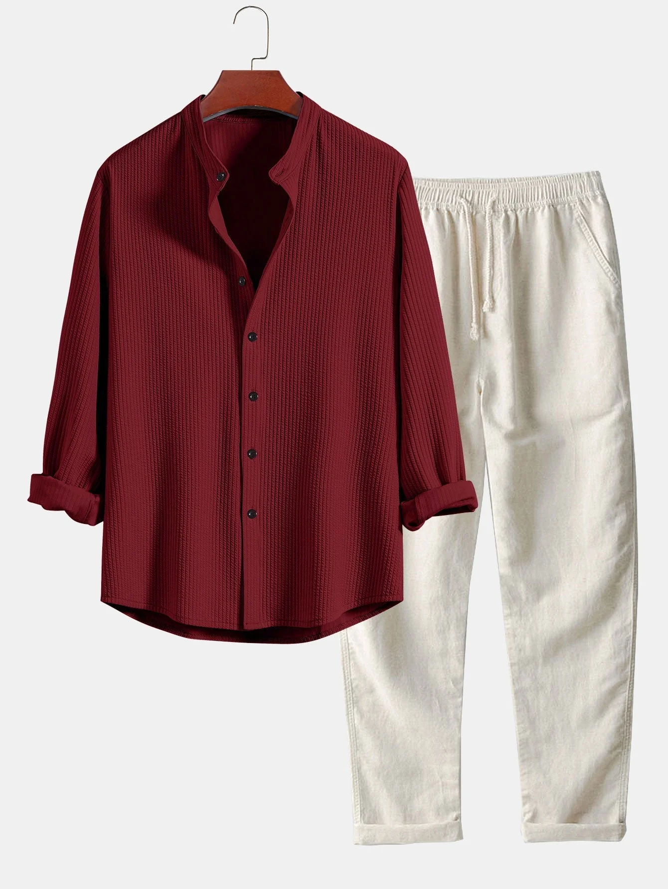 Adlar® | Long Sleeve Muscle Fit Ribbed Stand Collar Shirt & Straight Leg Linen Pants - Image 9