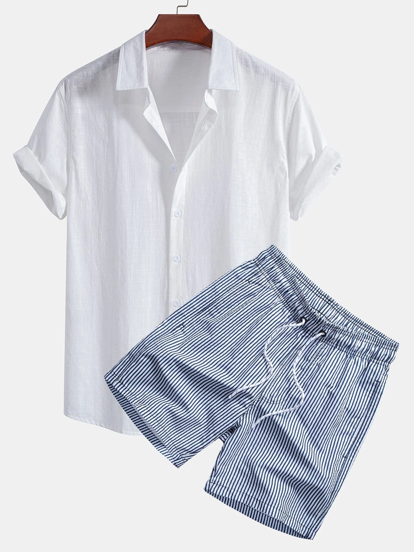 Adler® | Linen Look Cotton Button Up Shirt & Stripe Print Swim Shorts