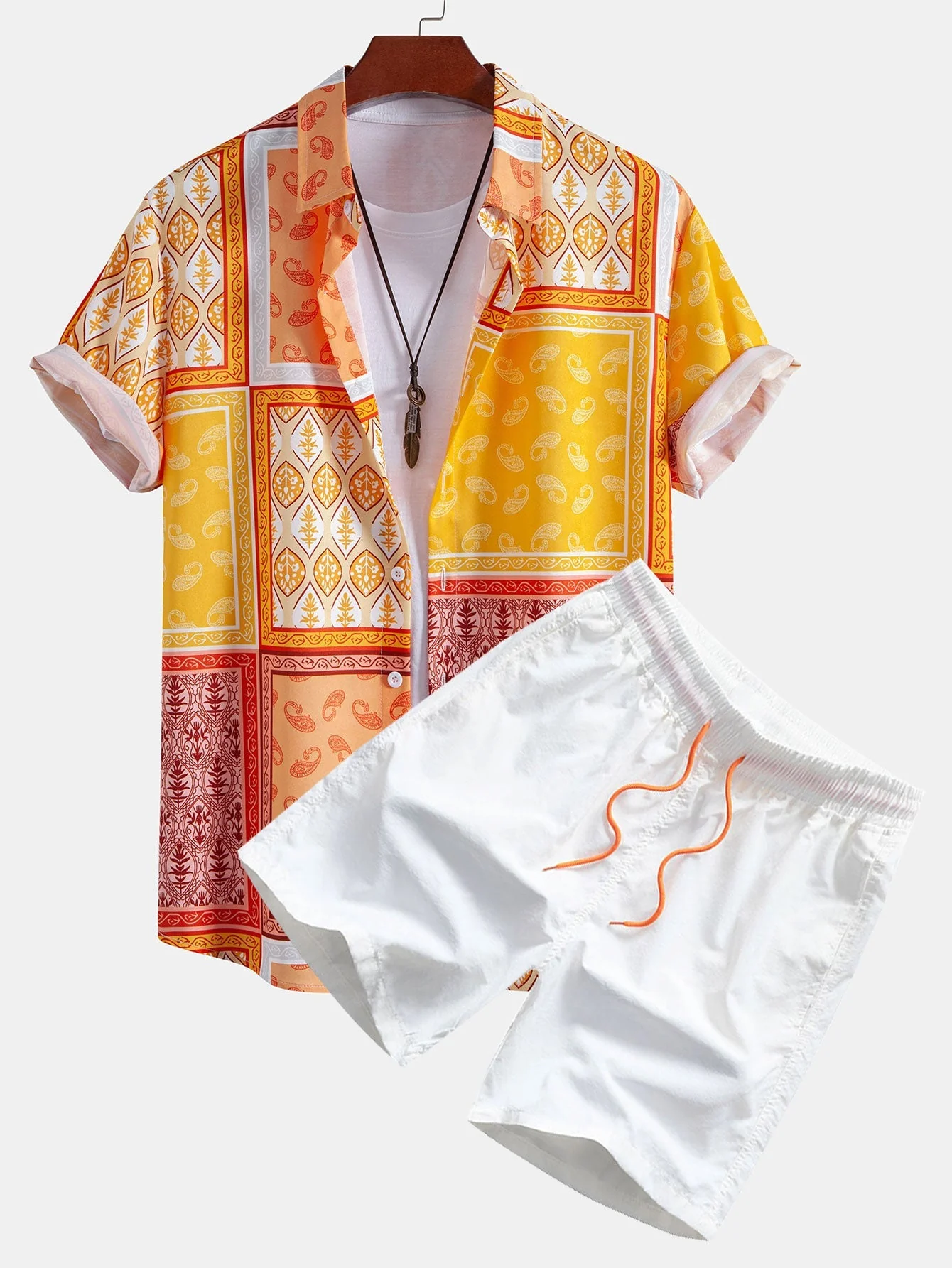 Adney® | Paisley Border Button Up Shirt & Man Mid Length Drawstring Swim Shorts - Image 2