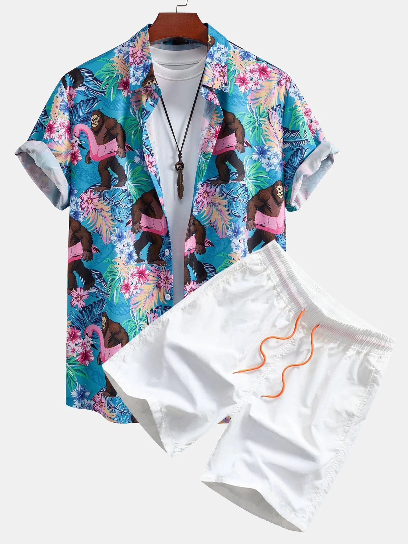 Adonai® | Tropical Plants And Orangutan Print Button Up Shirt & Swim Shorts - Image 2