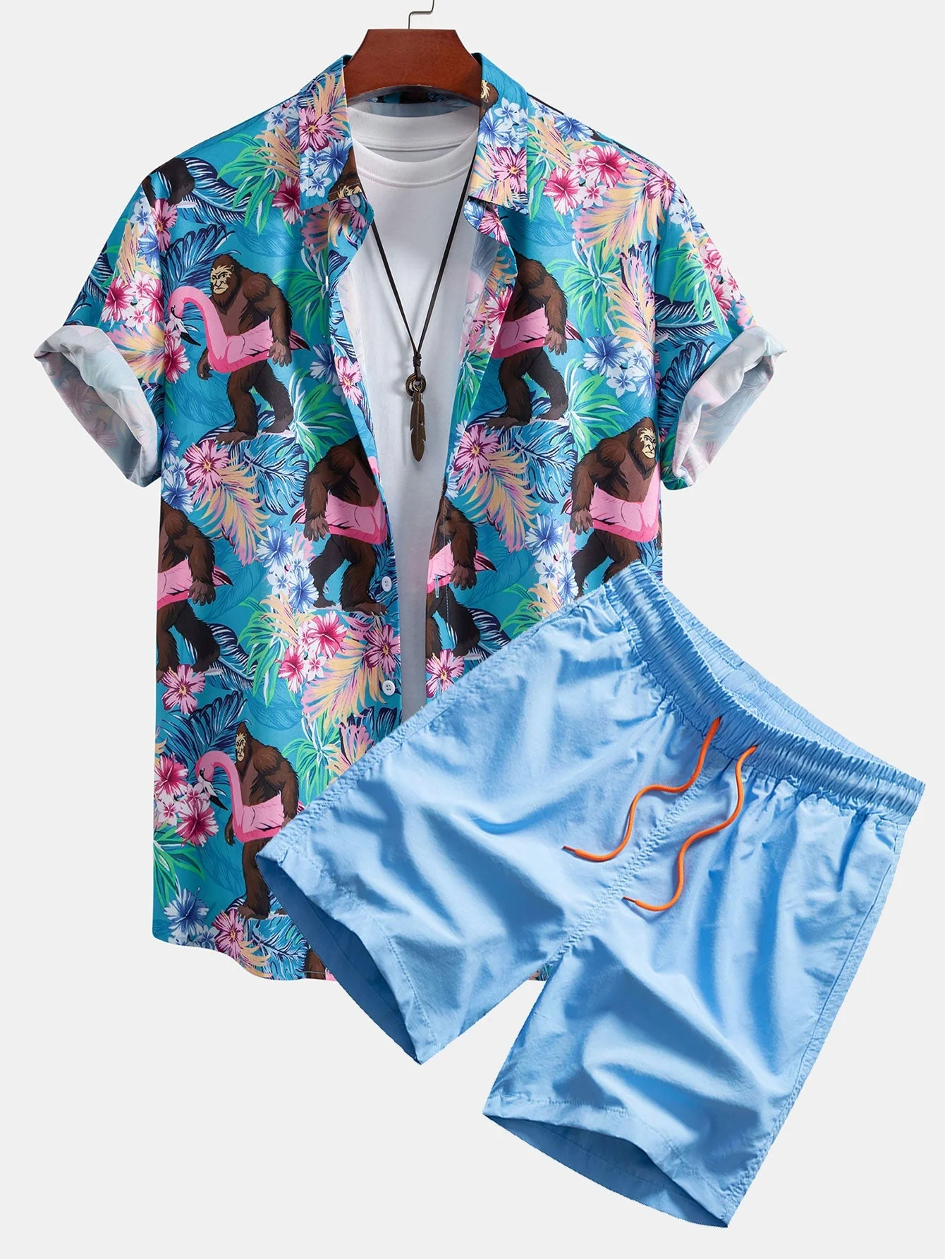 Adonai® | Tropical Plants And Orangutan Print Button Up Shirt & Swim Shorts - Image 3