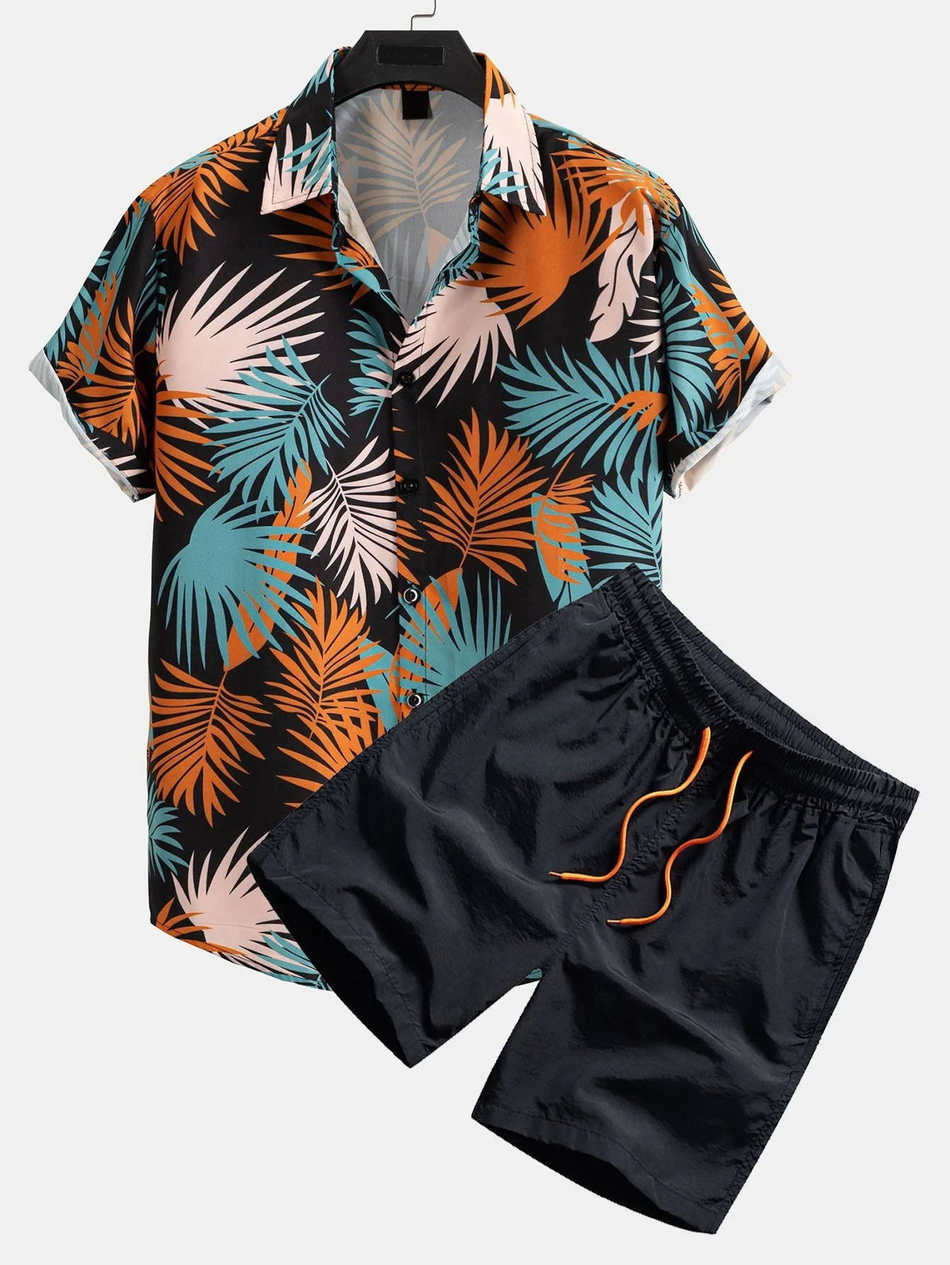 Adrastos® | Leaf Print Button Up Shirt & Man Mid Length Drawstring Swim Shorts - Image 3