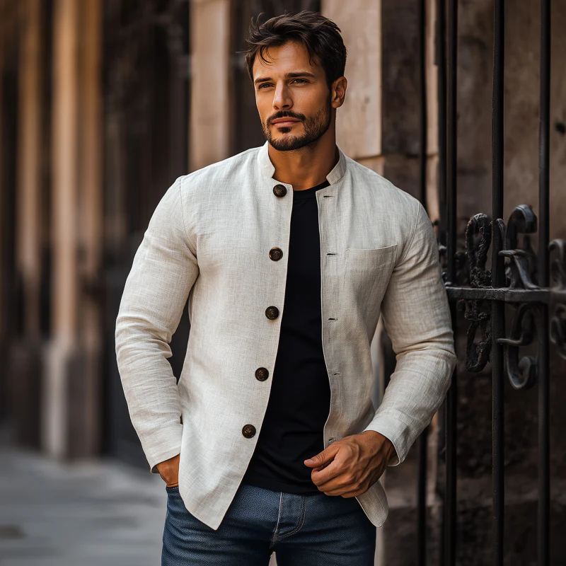 Adrian | Men'S Casual Solid Color Breathable Linen Stand Collar Slim Fit Long Sleeve Shirt Jacket - Image 3