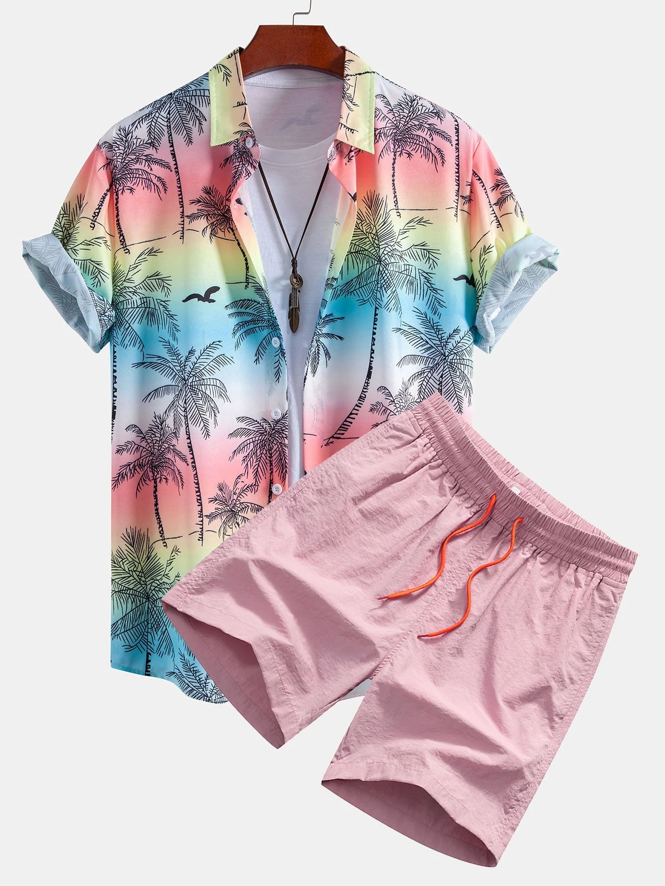 Agamenon® | Palm Tree Seagull Print Button Up Shirt & Man Mid Length Drawstring Swim Shorts