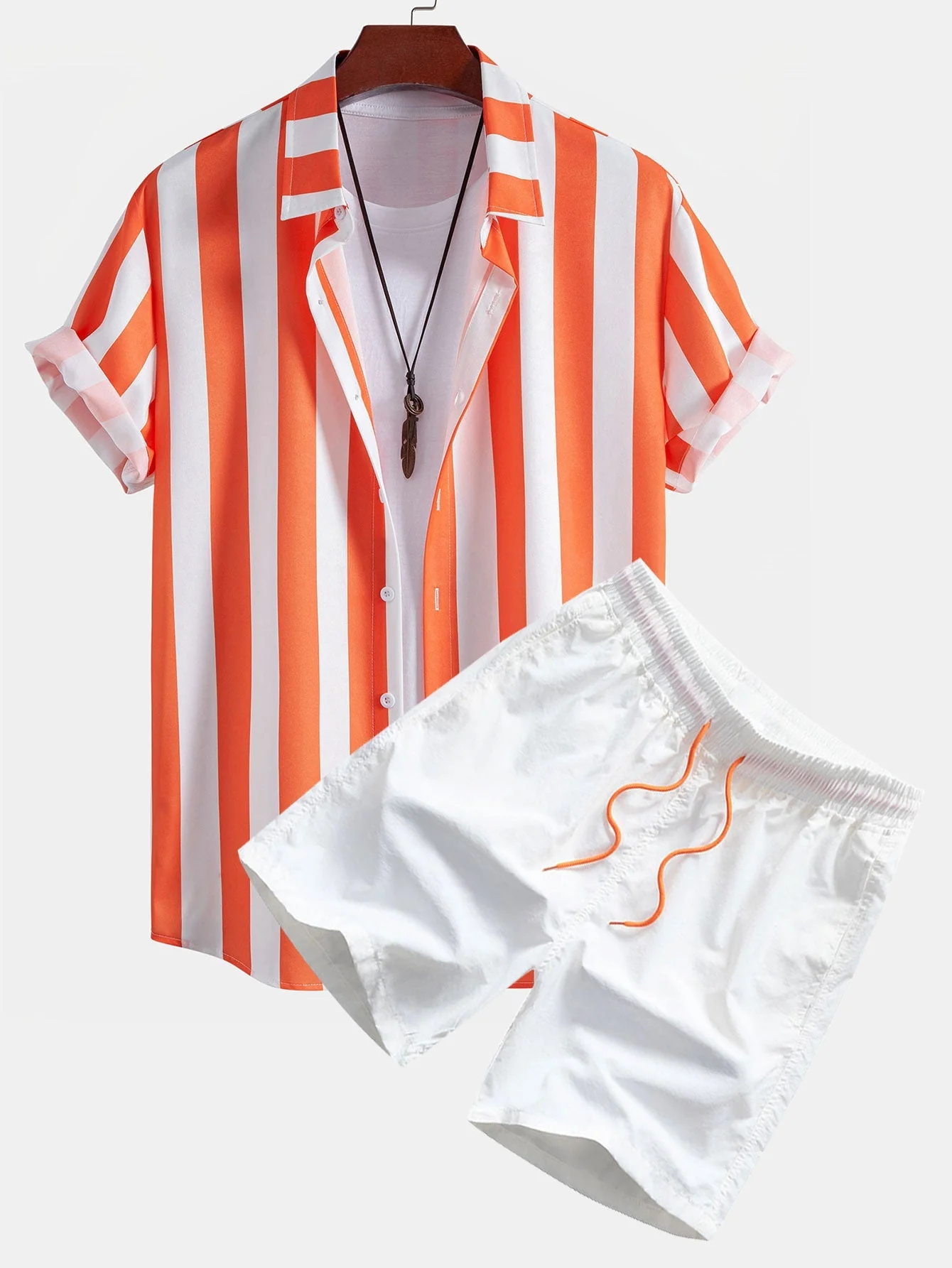 Agapito® | Stripe Print Button Up Shirt & Man Mid Length Drawstring Swim Shorts - Image 2