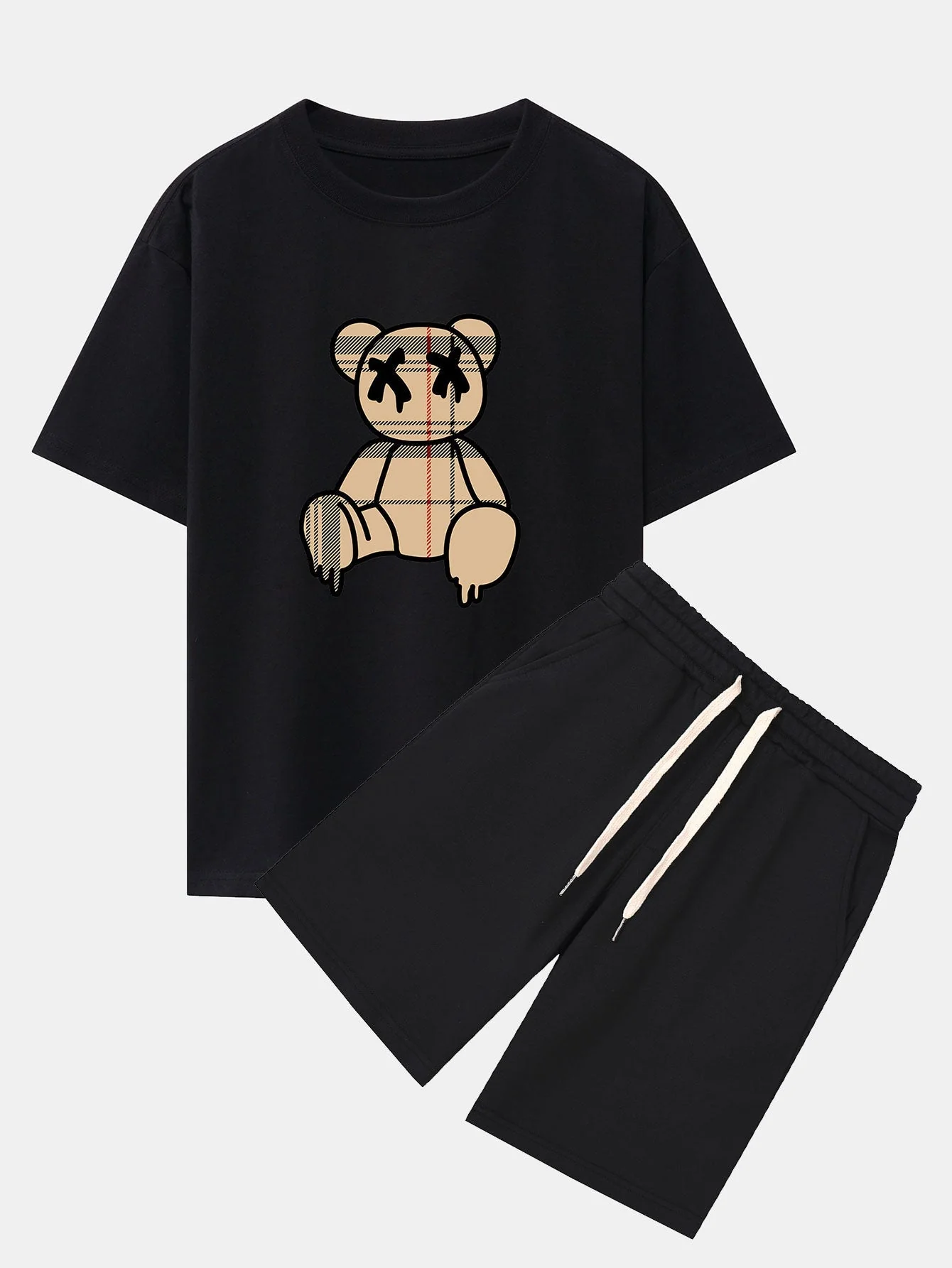 Agilbert® | Plaid Pattern Dissolving Bear Print Oversize T-Shirt & Shorts - Image 2