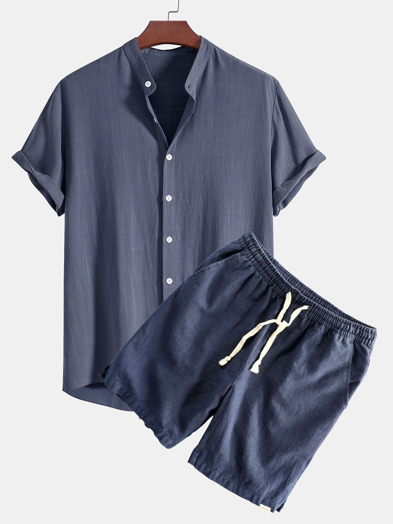 Ahab® | Linen And Rayon Blend Stand Collar Shirt & Linen Cotton Blend Drawstring Shorts - Image 3