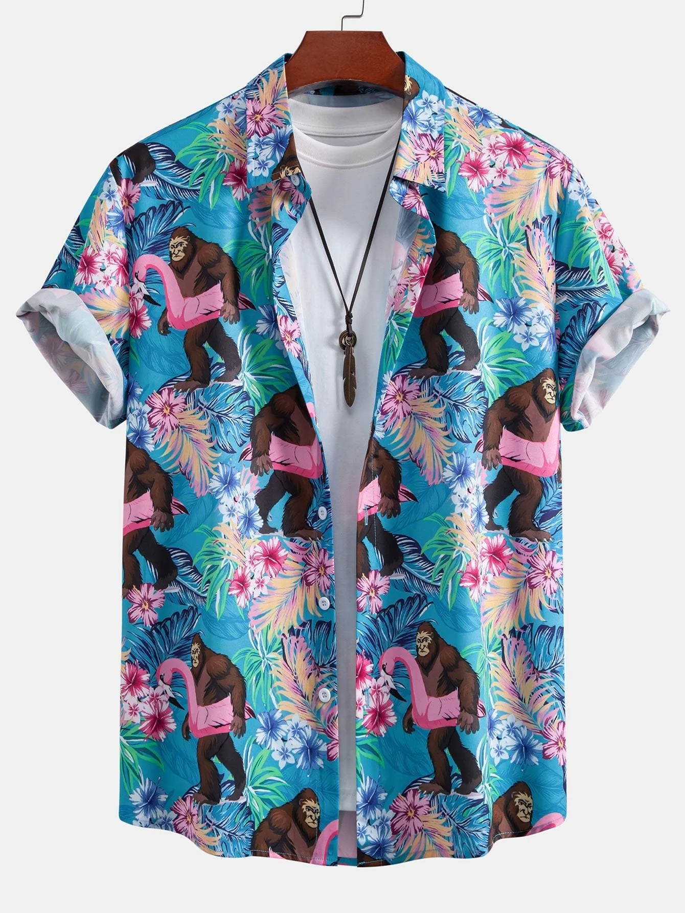 Aldegund® | Tropical Plants And Orangutan Print Button Up Shirt