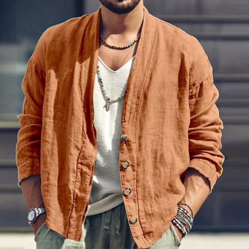 Aldo | Men'S Solid Color Cotton And Linen Long-Sleeved Cardigan - Image 2