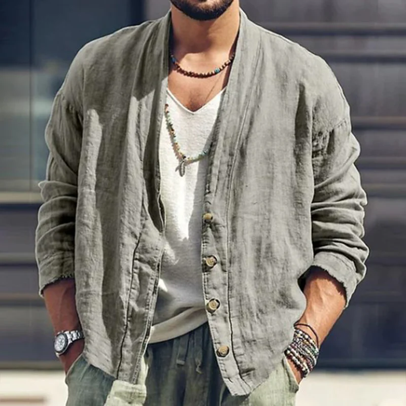 Aldo | Men'S Solid Color Cotton And Linen Long-Sleeved Cardigan - Image 5