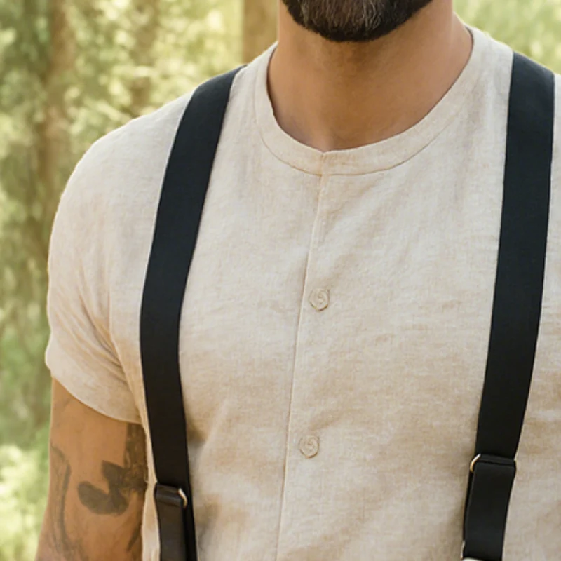 Alex | Men'S Retro Casual Cotton And Linen Collarless Short Sleeve Shirt - Image 3