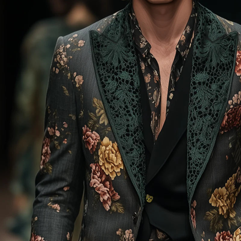 Alexander | Men'S Retro Large Flower Print Lace Stitching Casual Blazer - Image 3