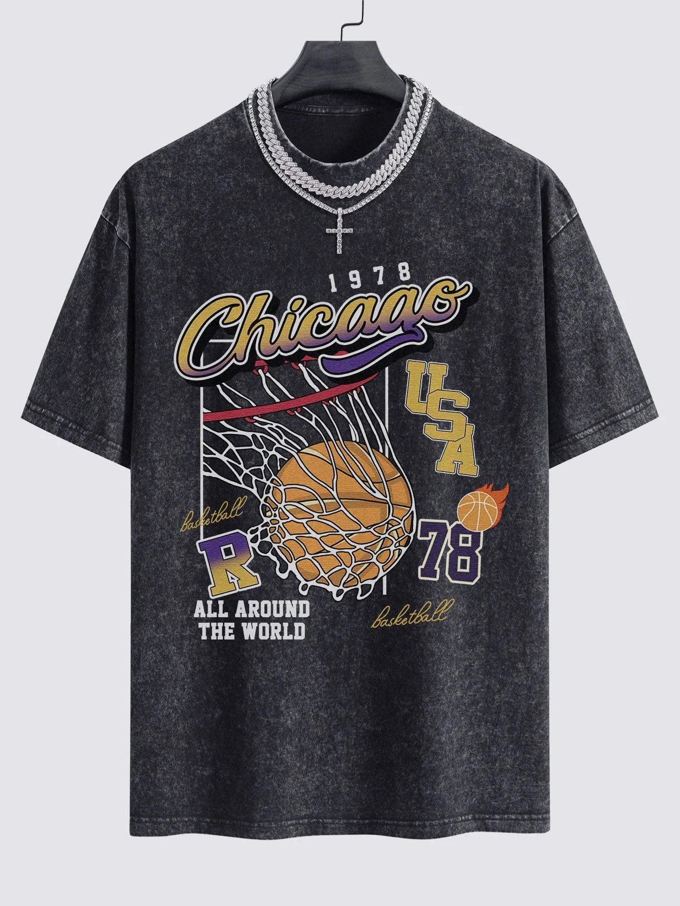 Alfonso® | Chicago Basketball Print Washed Drop Shoulder Oversize T-Shirt