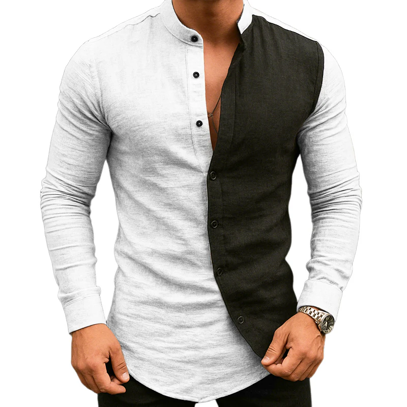 Alfred | Men'S Retro Casual Cotton And Linen Colorblock Stand Collar Long Sleeve Shirt