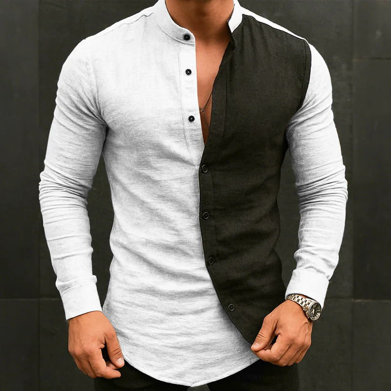 Alfred | Men'S Retro Casual Cotton And Linen Colorblock Stand Collar Long Sleeve Shirt - Image 2