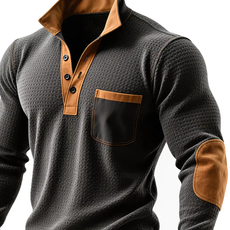 Amaru® | Men's Retro Western Cowboy Style Stitching Faux Suede Lapel Long Sleeve Polo Shirt MTA0907J5X - Image 2