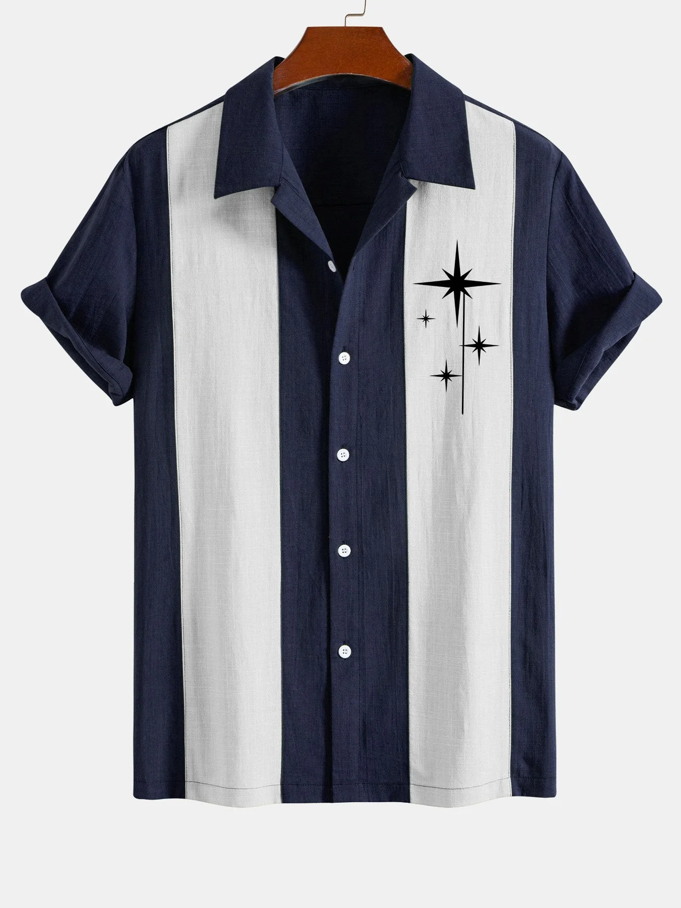 Amelius® | Mid Century Starbursts Print Linen Look Patchwork Bowling Shirt - Image 3