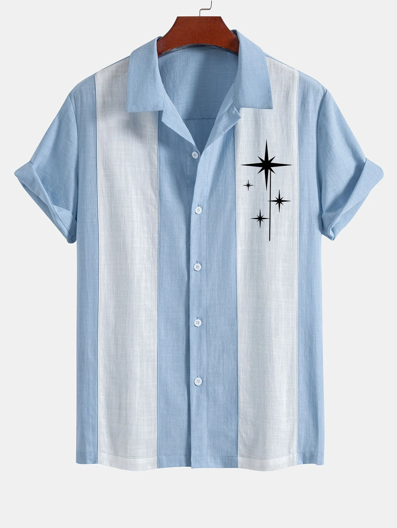 Amelius® | Mid Century Starbursts Print Linen Look Patchwork Bowling Shirt - Image 5