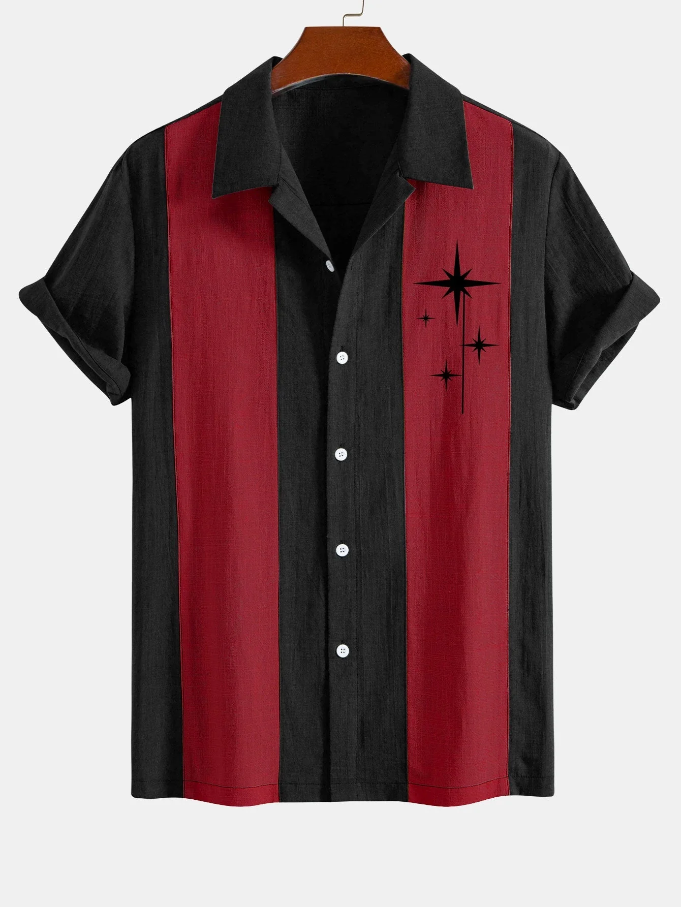 Amelius® | Mid Century Starbursts Print Linen Look Patchwork Bowling Shirt - Image 7