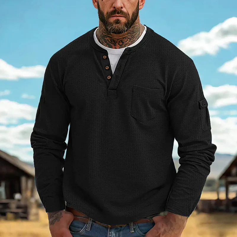 Aner® | Men's Contrast Waffle Button Crew Neck Long Sleeve T-shirt MTA0965J1X - Image 2