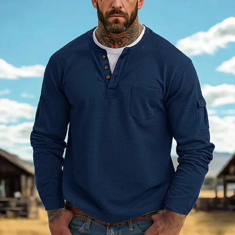 Aner® | Men's Contrast Waffle Button Crew Neck Long Sleeve T-shirt MTA0965J1X - Image 3