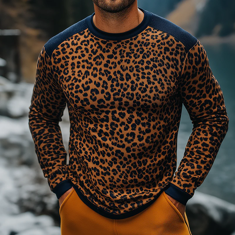 Anthony | Men'S Retro Casual Leopard Print Colorblock Round Neck Long Sleeve T-Shirt - Image 2