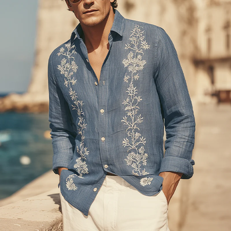 Antoine | Men'S Spring And Summer Retro Exquisite Embroidered Tencel Cotton Lapel Long-Sleeved Shirt - Image 2