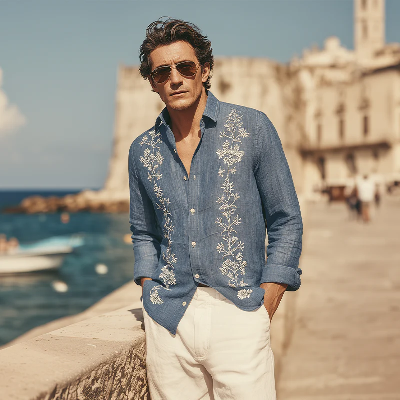 Antoine | Men'S Spring And Summer Retro Exquisite Embroidered Tencel Cotton Lapel Long-Sleeved Shirt - Image 3