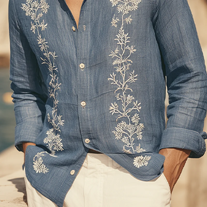 Antoine | Men'S Spring And Summer Retro Exquisite Embroidered Tencel Cotton Lapel Long-Sleeved Shirt - Image 5