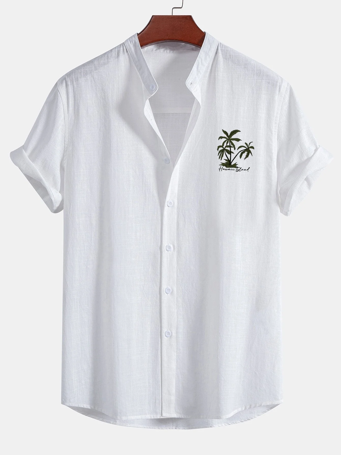 Ardene® | Hawaii Palm Tree Print Linen Look Cotton Stand Collar Shirt