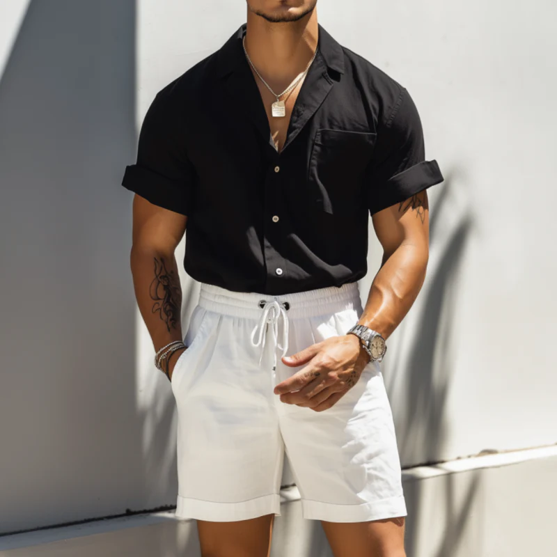 Armando | Men'S Casual Breathable Cotton Linen Slim Fit Cuban Collar Patch Pocket Short Sleeve Shirt Elastic Waist Shorts Set - Image 2