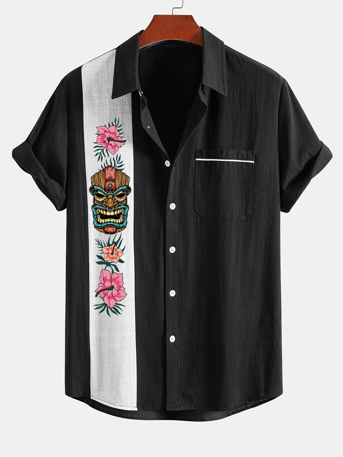 Arnuadt® | Tiki Tribe Hawaii Print Linen Look Contrast Button Up Shirt - Image 5