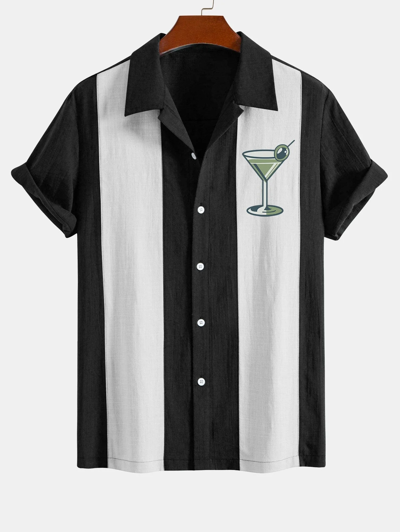 Arnuat® | Vintage Martini Cocktail Print Linen Look Patchwork Bowling Shirt - Image 2