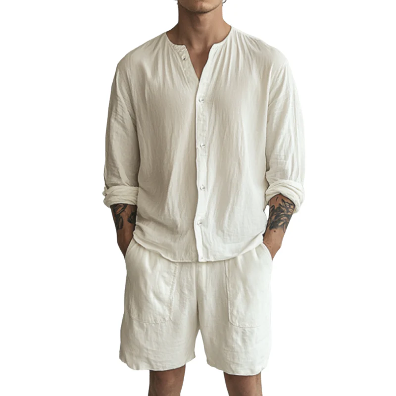 Arturo | Men'S Casual Breathable Solid Color Cotton Linen Loose Long Sleeve Shirt Elastic Waist Shorts Set