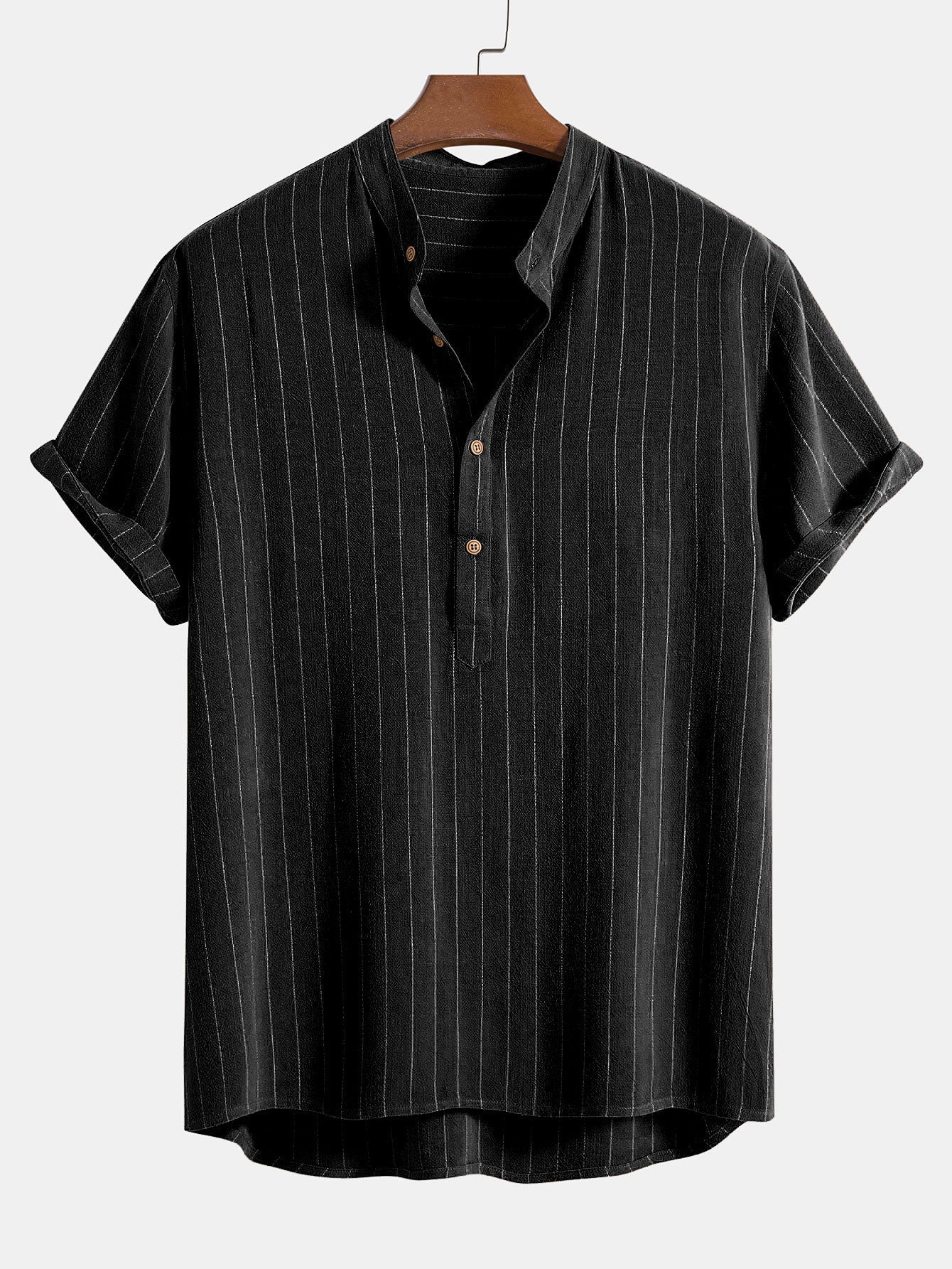 Aryan® | Linen Blend Striped Half Open Placket Henley Collar Shirt - Image 4