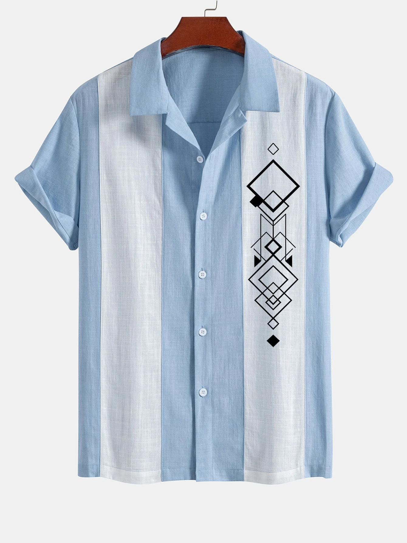 Atwell® | Geometric Rhombus Print Linen Look Patchwork Bowling Shirt - Image 5