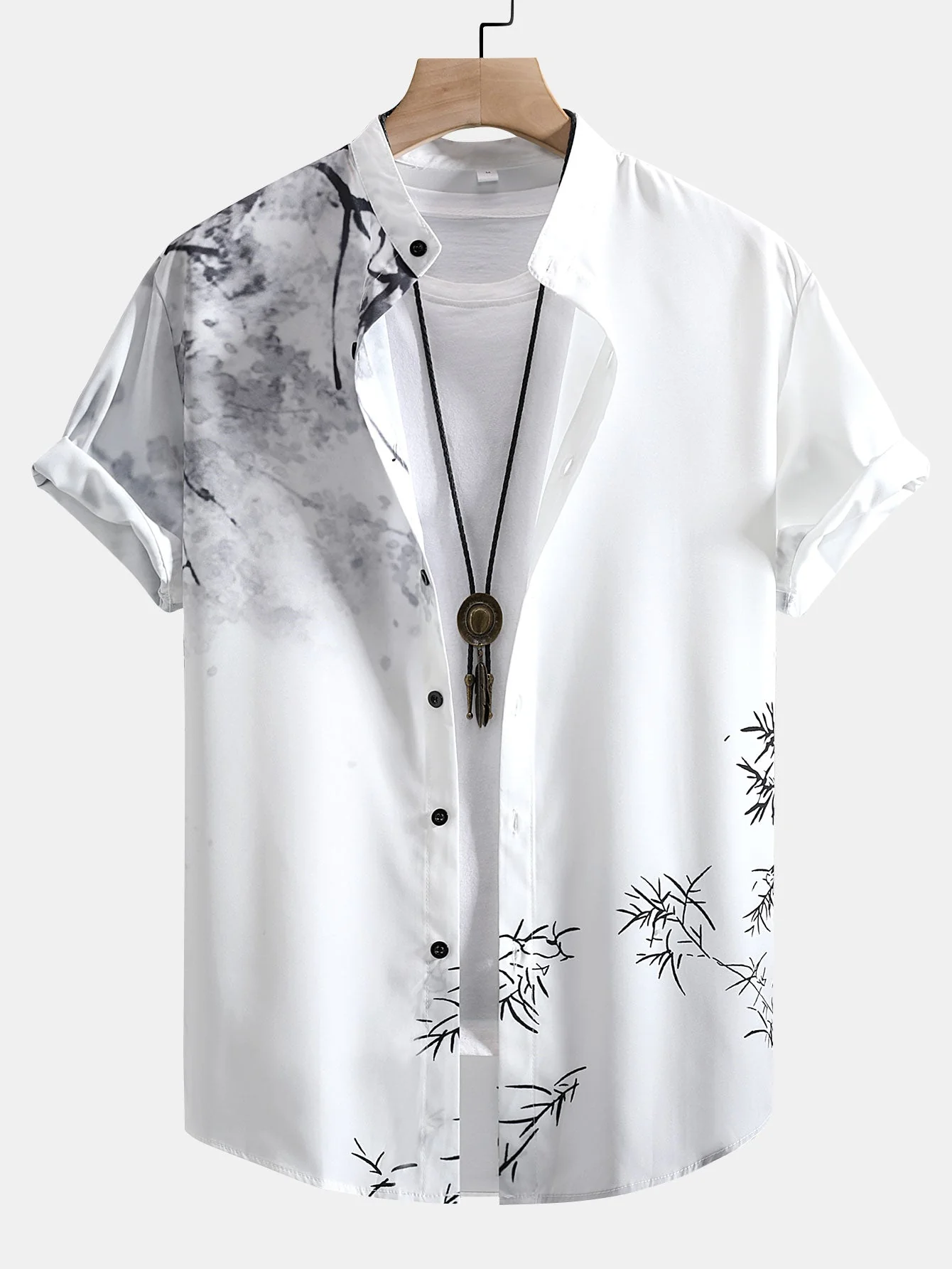 Auban® | Traditional Oriental Ink Painting Print Stand Collar Shirt