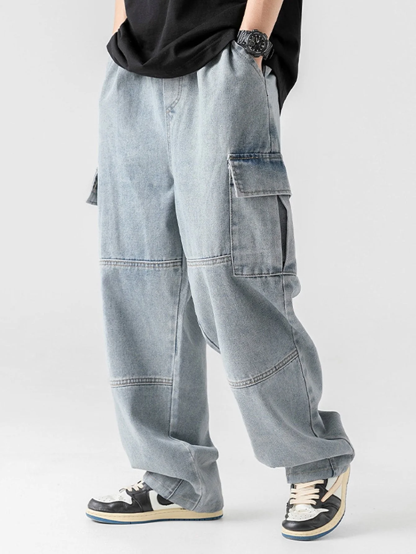 Augustin® | Elastic Waist Relax Fit Straight Leg Cargo Jeans